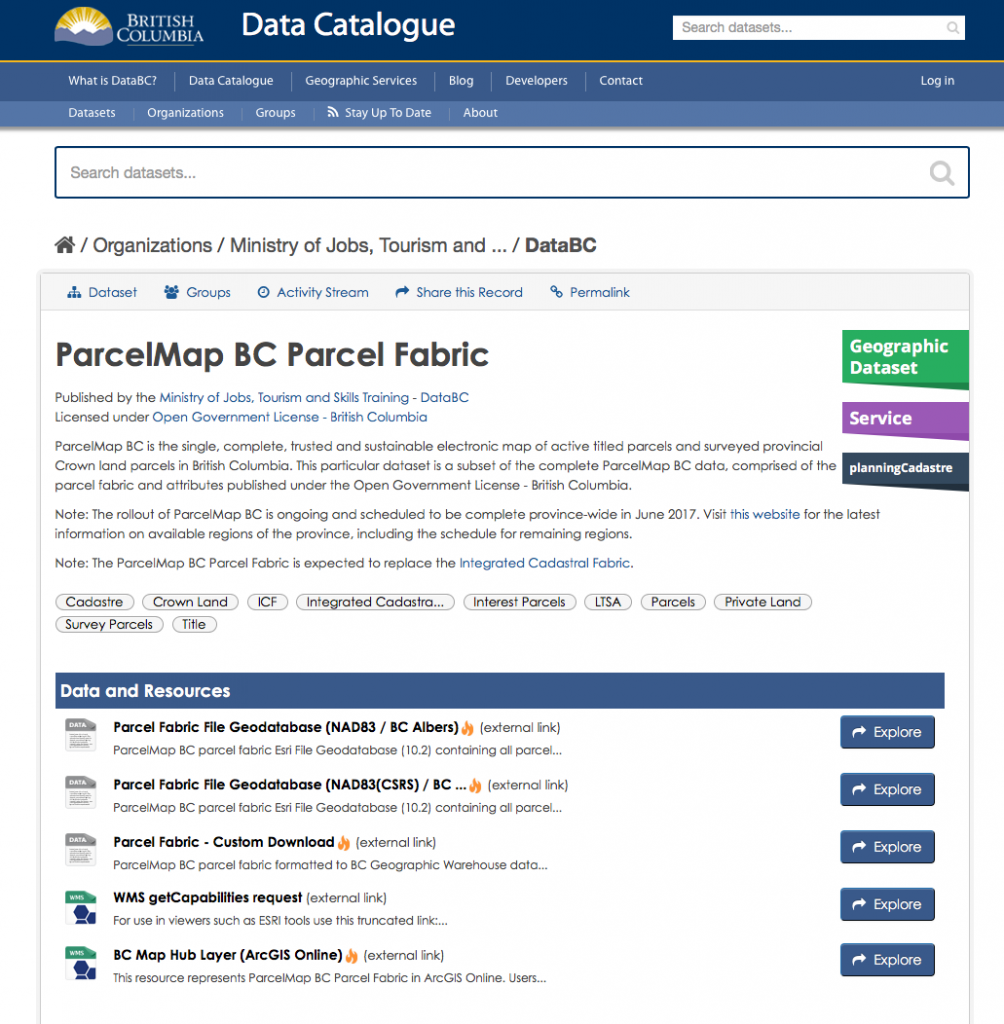 Figure 4: ParcelMap BC Parcel Fabric Data Catalogue Page