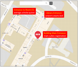 Figure 3. what3words (w3w) encoding. Grid cells are 3mx3m large. The three locations in Faculty of Engineering building (Figure 1) are contained in cells assigned unique 3-word codes. https://map.what3words.com/tram.sullen.registration
